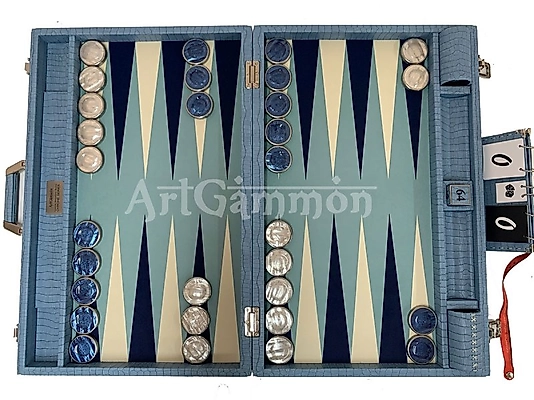 Blue Baby Croco Backgammon Set & Chrome Checkers