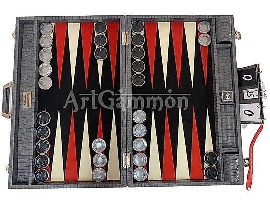 Gray Baby Croco Backgammon Set & Chrome Checkers