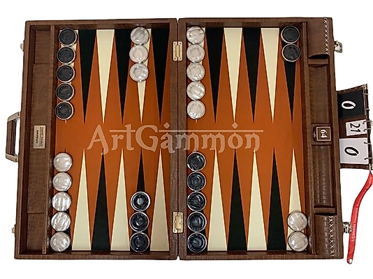 Tan Baby Croco Backgammon Set & Chrome Checkers